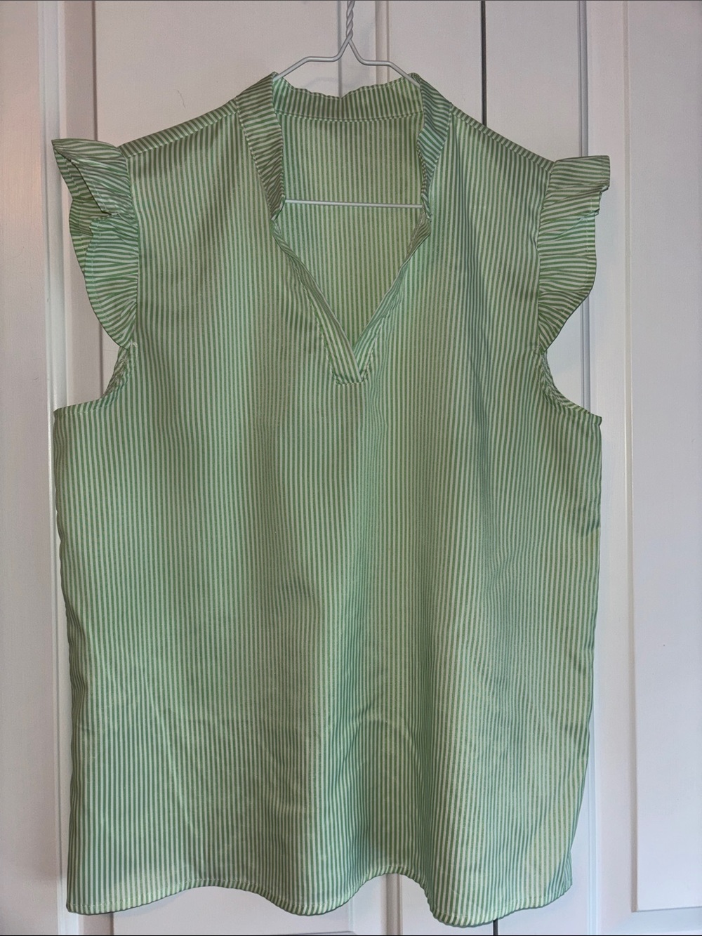 Women's Light Green Striped Ruffle-Sleeve V-Neck Camisole